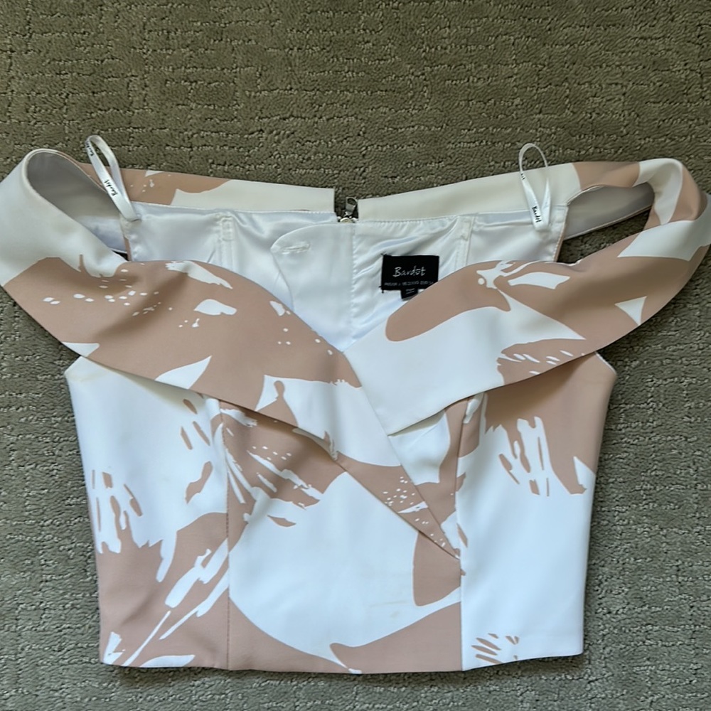 Bardot pink and white floral shirt off the shoulder crop top, size 2